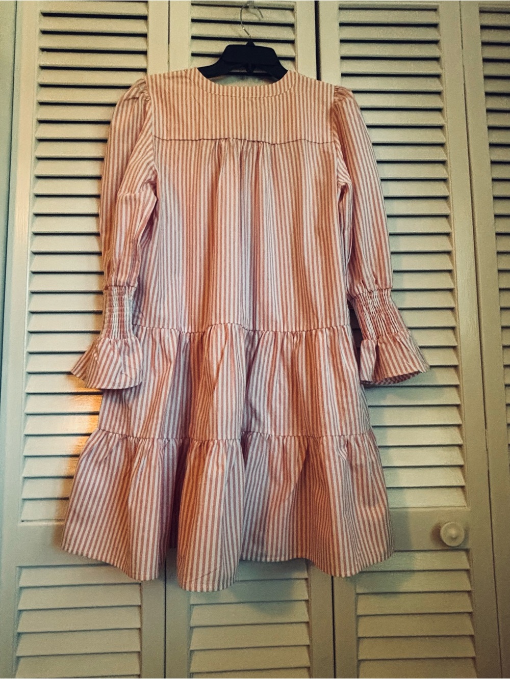 Babydoll Smocked Sleeve Tiered Mini Dress in Soft Pink Stripe - Picture 2 of 7